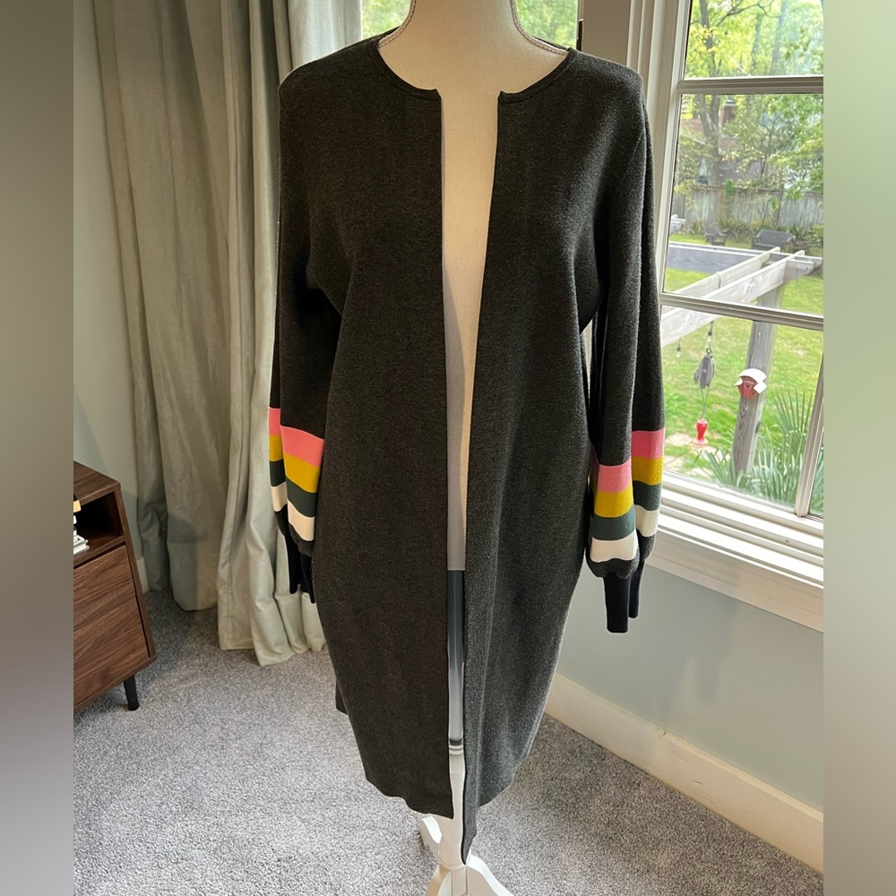 Boden grey long cardigan with bold striped sleeves